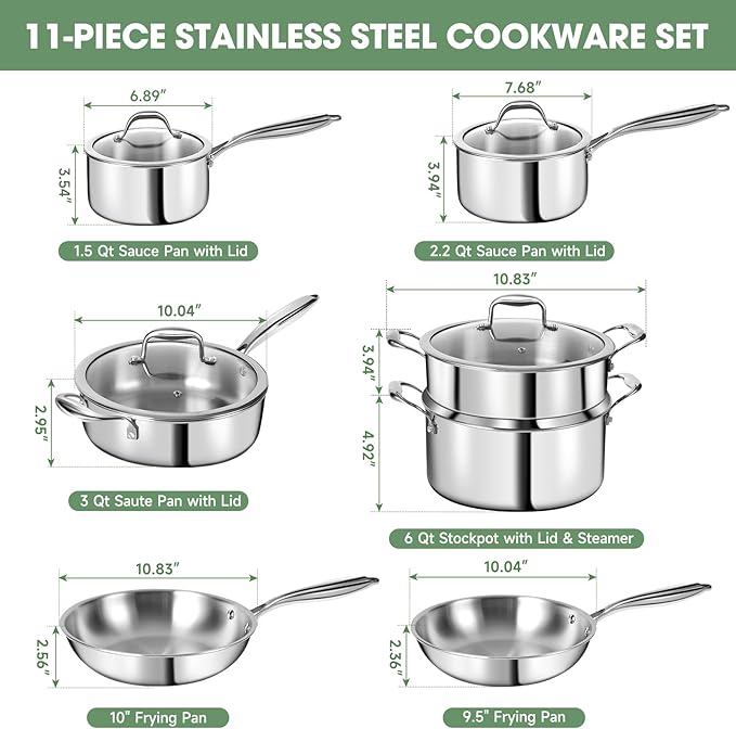 3 Ply Stainless Steel 11-Piece Cookware Set - Image 2