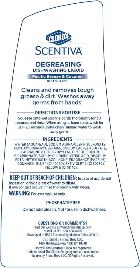 Clorox Scentiva Liquid Dish Soap, Pacific Breeze & Coconut, 26 Fl Oz, 2-Pk | Ultra-concentrated formula, bleach-free, cuts through food residue, gentle on hands