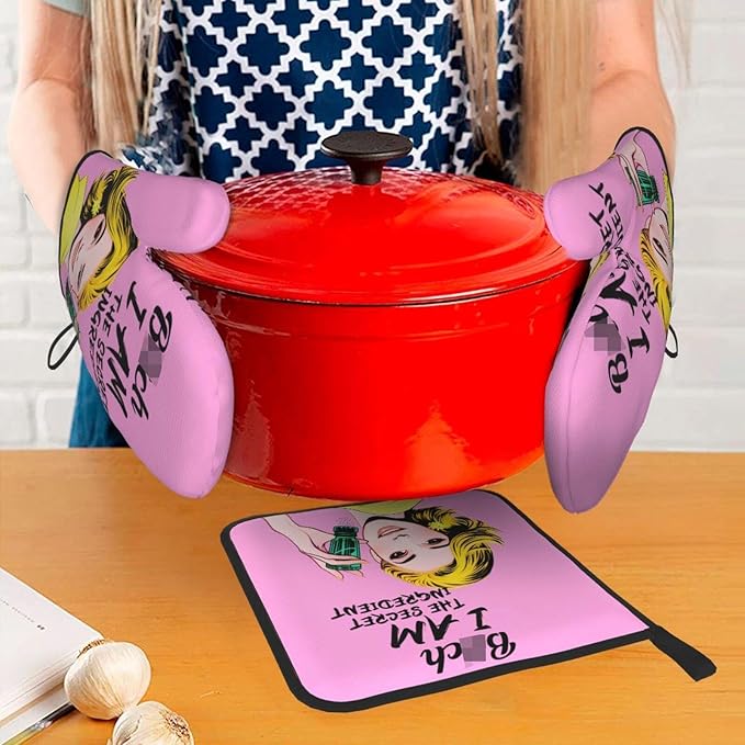 Cute Pink Oven Mitts and Pot Holders Set of 3, Heat Resistant Non-Slip Funny - Image 3