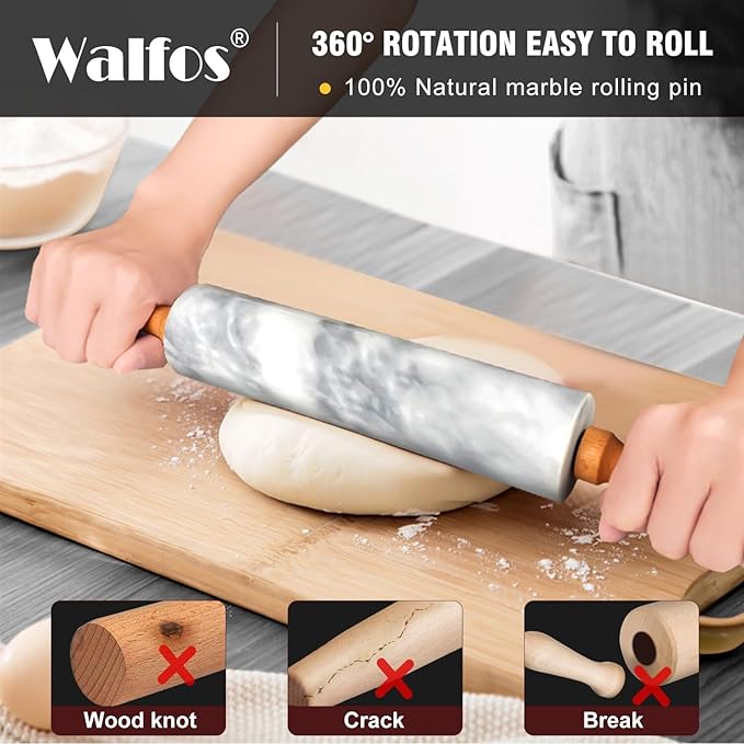 Walfos Marble Rolling Pin With Wooden Handles & Wood Cradle, 16.5 Inch Marble - Image 3