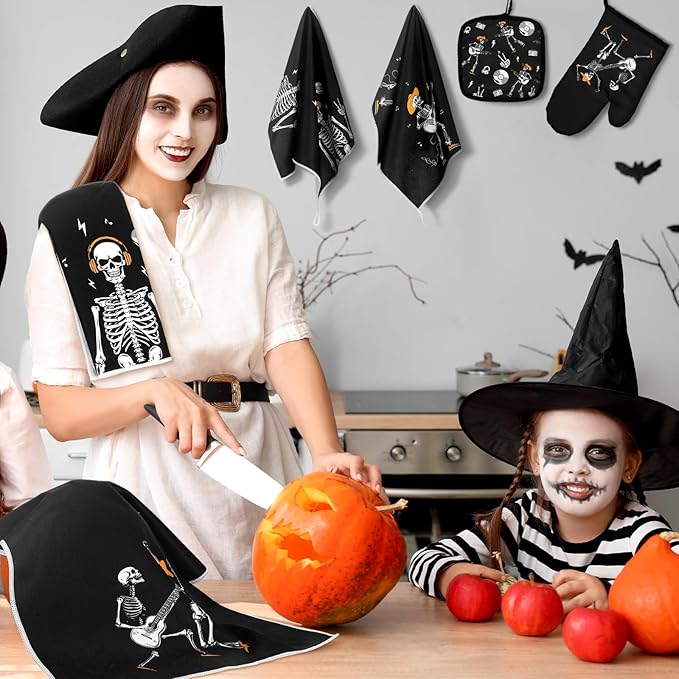 Leinuosen 8 Pcs Skull Kitchen Decor Set Kitchen Towels Gothic Oven Mitts and - Image 4