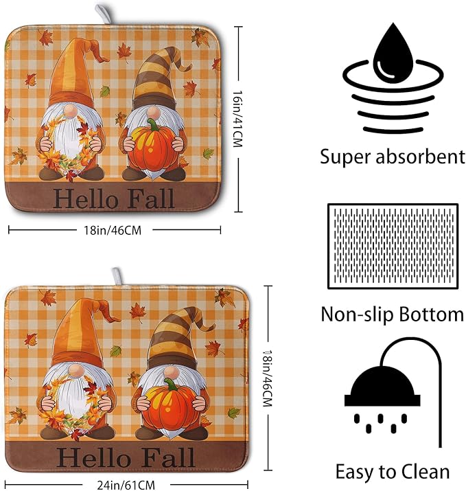 Hello Fall Autumn Gnomes Dish Drying Mat 16x18 Thanksgiving Pumpkin Maple - Image 2