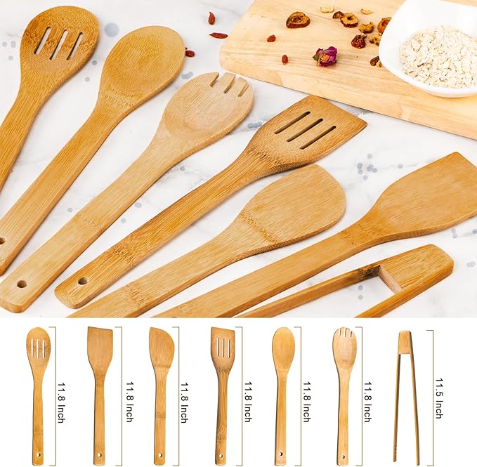 Eisinly Wooden Spoons for Cooking 7-Piece, Kitchen Nonstick Bamboo Cooking - Image 2