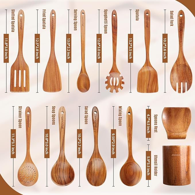 Mooues 12 Piece Wooden Spoons for Cooking, Wooden Utensils for Cooking - Image 2