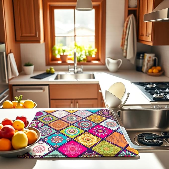 Plaid Floral Large Dish Drying Mats, Reversible Boho Dish Drying Pads - Image 3