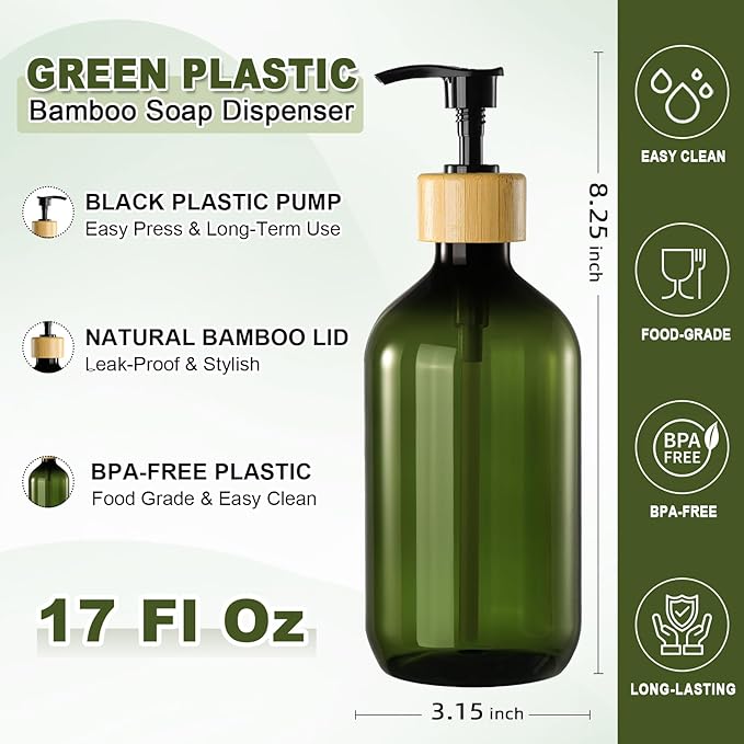 KASUNTING Green Soap Dispenser, Plastic Bathroom Soap and Lotion Dispenser Set - Image 3