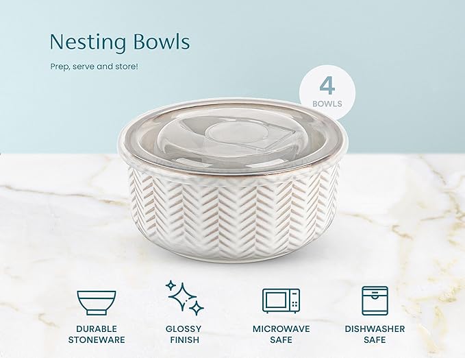 KooK Serving Bowls, with Lids, Ceramic Nesting Bowls, Microwave and Dishwasher - Image 7