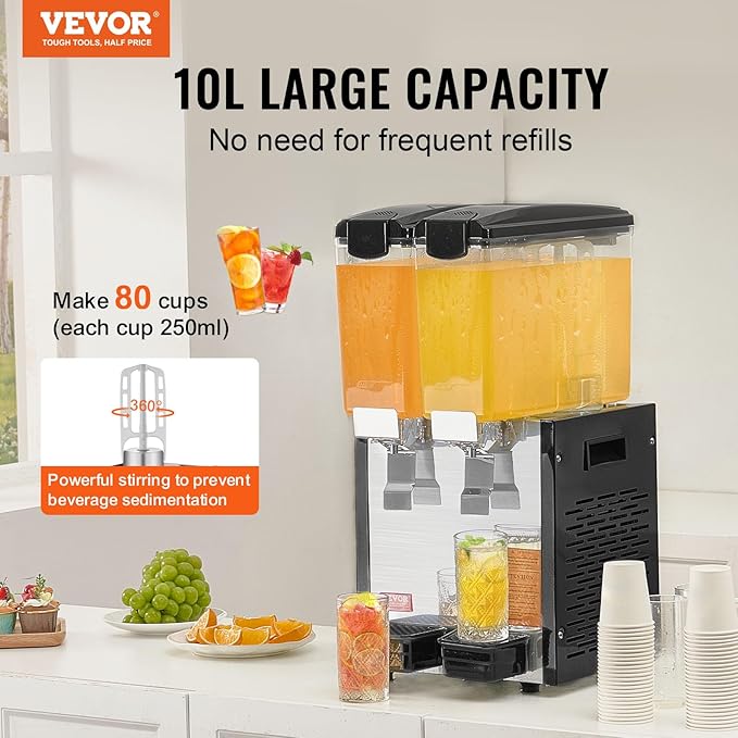VEVOR Commercial Beverage Dispenser, 2 Tanks 10 L / 10.6 QT Per Tank Juice - Image 2