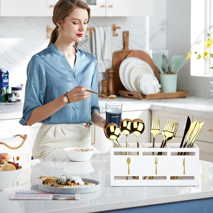 Ayiaren Wood Flatware Silverware Caddy White Cutlery Holder Kitchen Utensils - Image 2