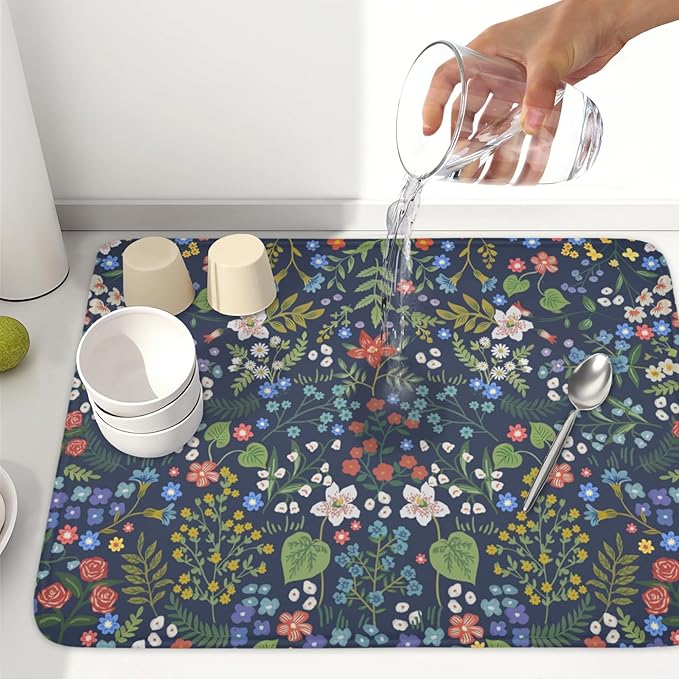 Flower Floral Dish Drying Mat 18x24 inch Microfiber Navy Blue Drying Mats - Image 4