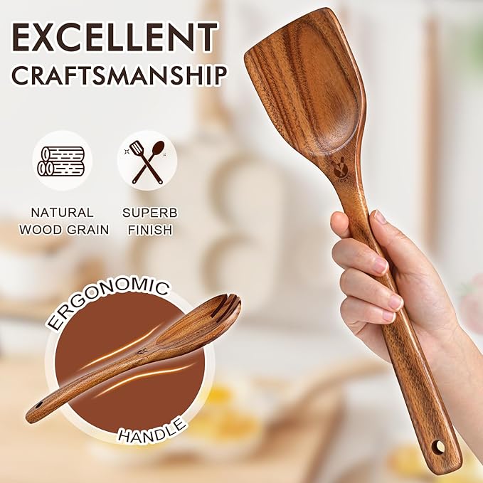Wooden Spoons for Cooking, Comfortable Grip Wooden Cooking Utensils Set - Image 5