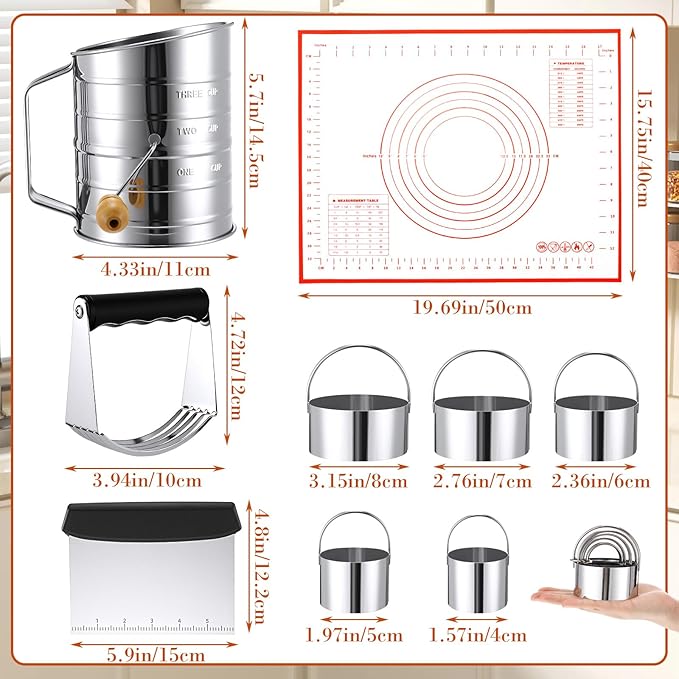 10 Pcs Stainless Steel Pastry Biscuit Cutter Set Include 3 Cup Flour Sifter - Image 2