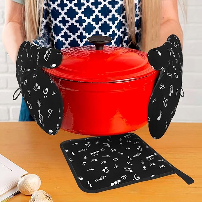 Music Notes Oven Mitts and Pot Holders Sets of 3 Black Hot Pads Musicial Oven - Image 7