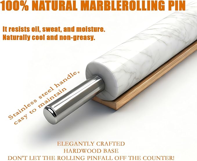 White Marble Rolling Pin with Stainless Steel Handles Baking Set - Image 3