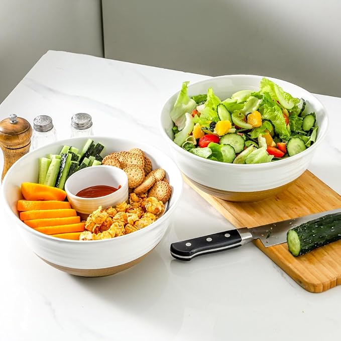 HASENSE Large Ceramic Serving Bowls Set of 2, 84 Oz 9 Inch White & Terracotta - Image 5
