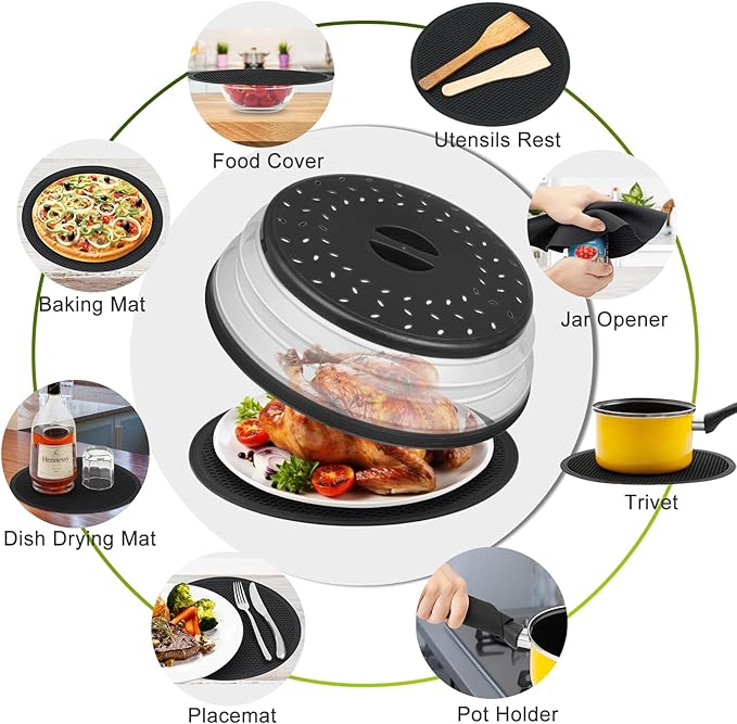12" Microwave food Cover & Mat, Large Vented Collapsible Splatter Guard dish - Image 7