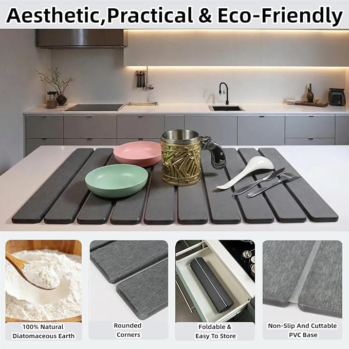 Large Stone Dish Drying Mat for Kitchen Counter Sink Bathtub, Diatomaceous - Image 3