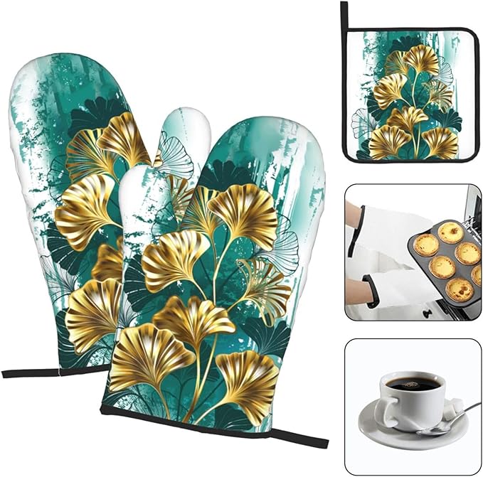 Teal Gold Green Leaves Oven Mitts and Pot Holders Set Heat Resistant Non Slip - Image 3