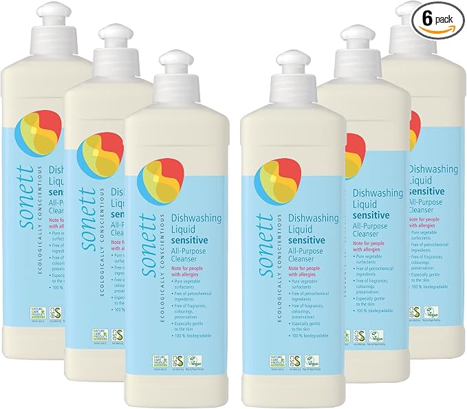 Sonett Organic Dishwashing Liquid, All Purpose Cleaner Sensitive Skin For People With Allergies 17 Fl.Oz (Pack of 6)