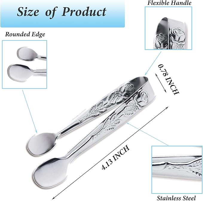 6PCS Mini Serving Tongs, 4Inch Rose Stainless Steel Sugar Cube Tongs, Sliver - Image 2