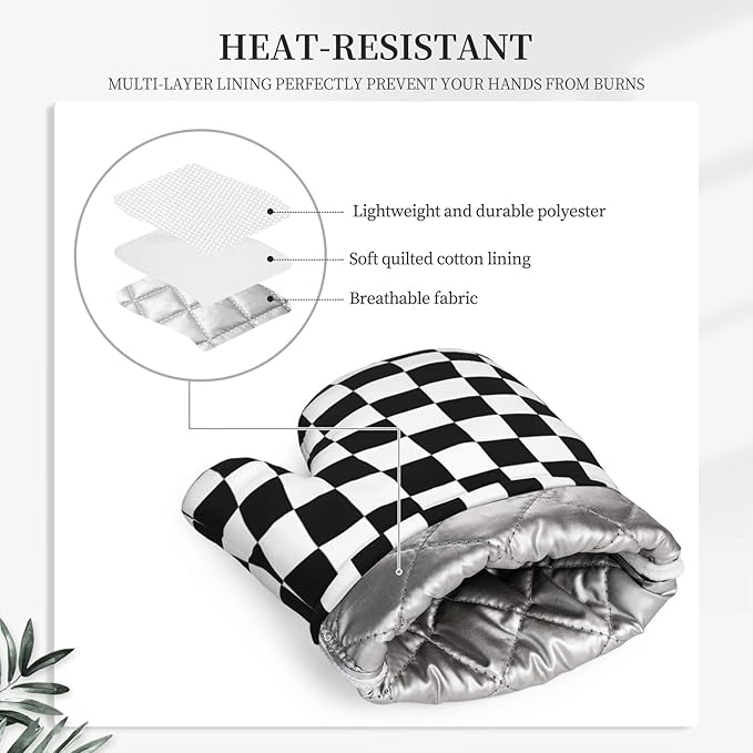 Black White Checkered Oven Mitts and Pot Holders Sets of 4, Heat Resistant - Image 3