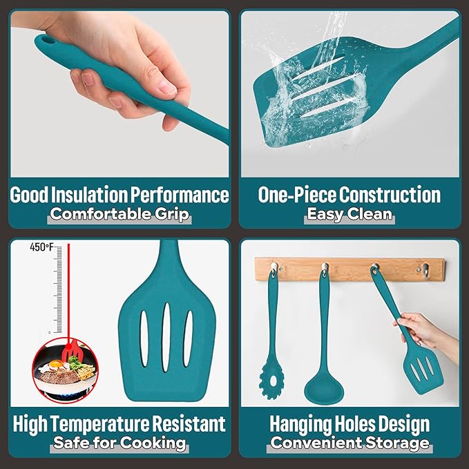 Silicone Cooking Utensils Set, E-far 7-Piece Blue Heat Resistant Kitchen - Image 3
