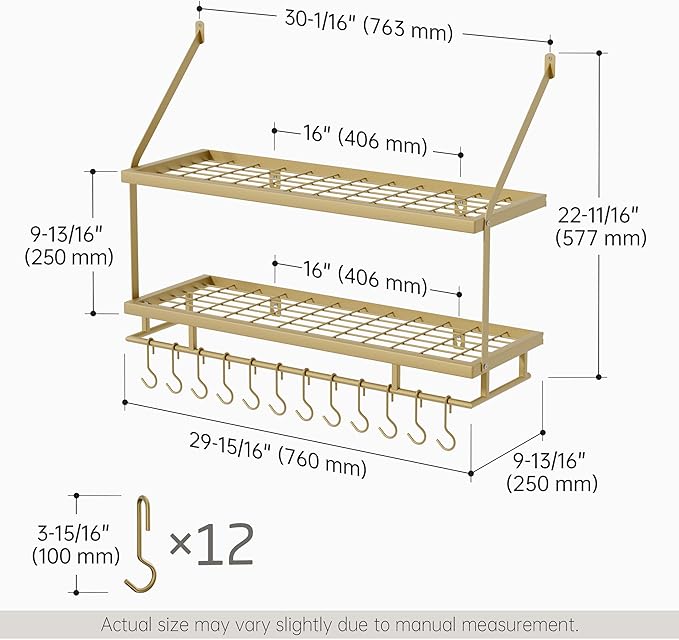 KES 30-Inch Gold Pot Rack Wall Mounted, 2-Tier Hanging Pot and Pan Organizer - Image 6