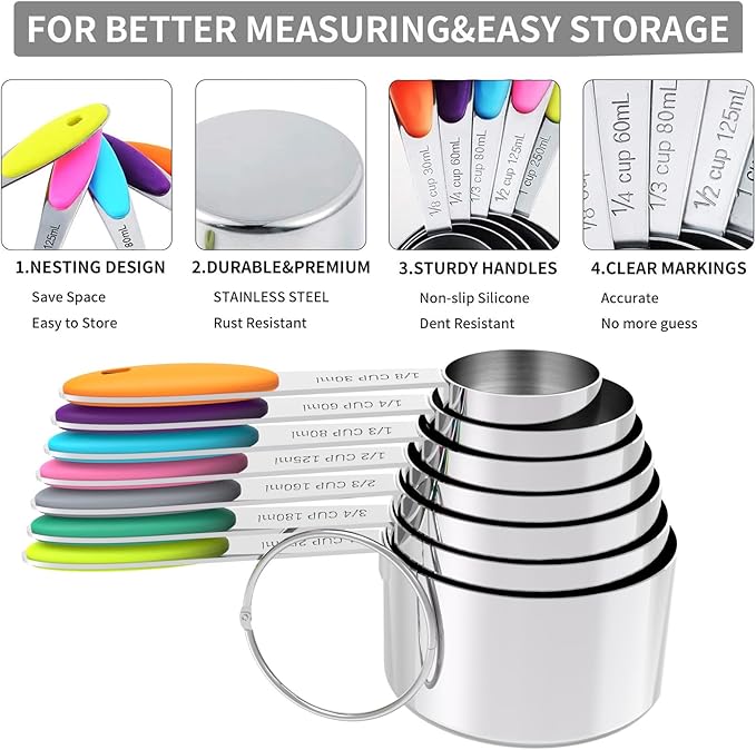 TILUCK Measuring Cups and Spoons Set, Stainless Steel, Kitchen Utensils - Image 5