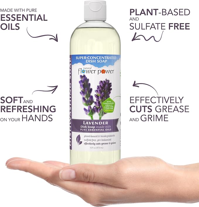 Natural Flower Power Liquid Dish Soap | Lavender 16 Fl Oz | Pack of 3 | Plant-Based & Scented w/ Pure Essential Oils | Natural Liquid Dishwashing Detergent | Sulfate-Free Kitchen Soap | Vegan