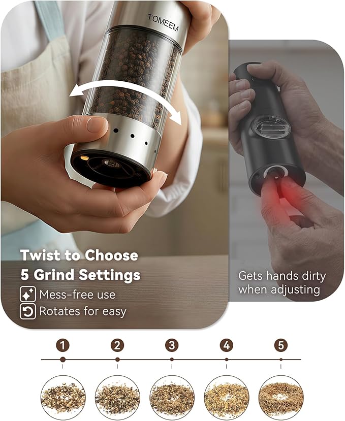TOMEEM Rechargeable Electric Salt and Pepper Grinder Set, 115ml Large Capacity - Image 3