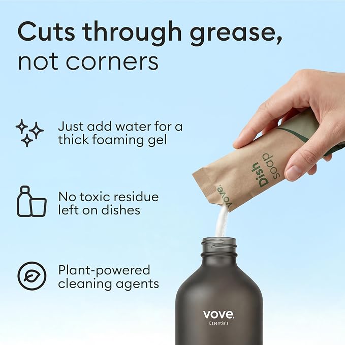 Vove Dish Soap Starter Set with Refillable Glass Pump Bottle & 3 Refills, Bergamot Mint & Basil, Powder-to-Gel Dishwashing Liquid, Plant-Based Concentrated Formula, Plastic-Free Packaging