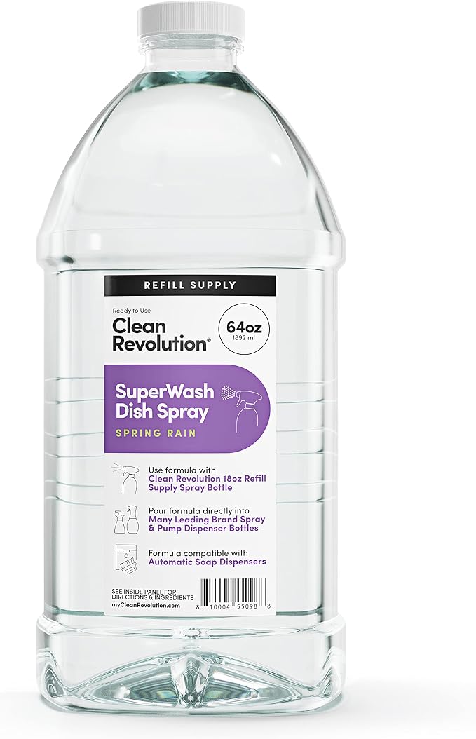 Clean Revolution SuperWash Dish Spray | Starter Kit | Includes 18oz Refillable Trigger Spray Bottle + 64oz Refill Supply | 82oz Total | Compatible with Dawn Powerwash Sprayers | Spring Rain Fragrance