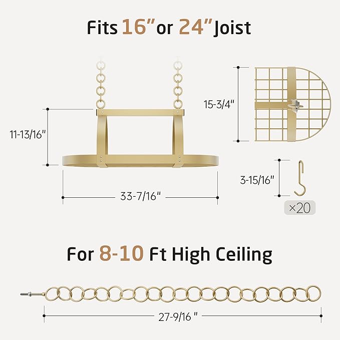 KES Gold 34 Inch Hanging Pot Rack, 100 LBS Capacity Heavy Duty Oval Pot and Pan - Image 9