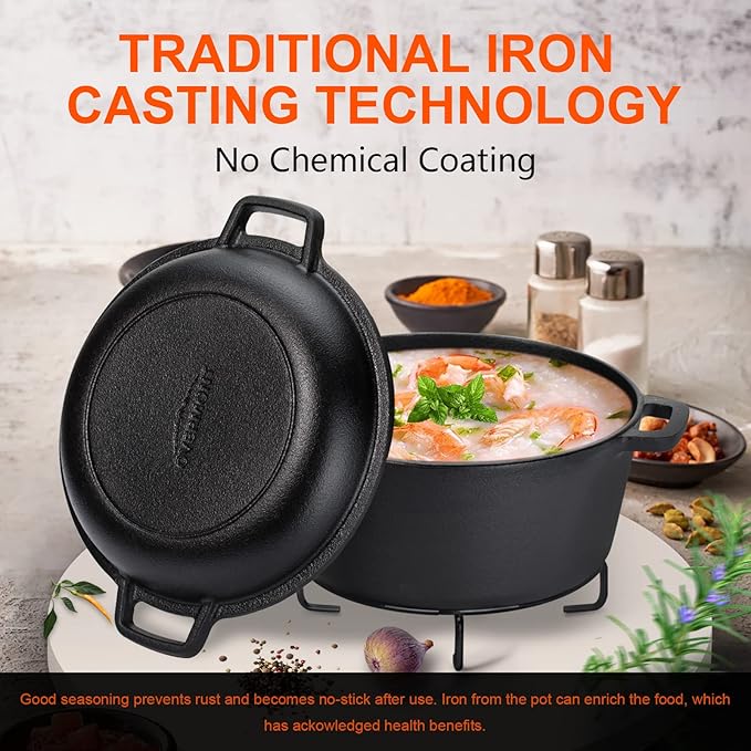 Overmont 2-in-1 Cast Iron Dutch Oven - 5QT Pre-Seasoned All-in-One Casserole - Image 7