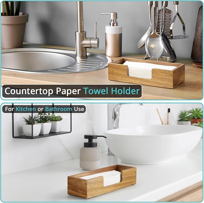 Paper Towel Dispenser Countertop, Acacia Wood Bathroom Paper Towel Holder - Image 3