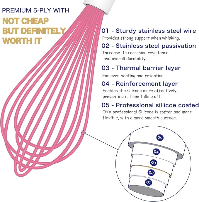 OYV Pink Silicone Whisk, Sealed Waterproof Design Set of 3, Professional - Image 3