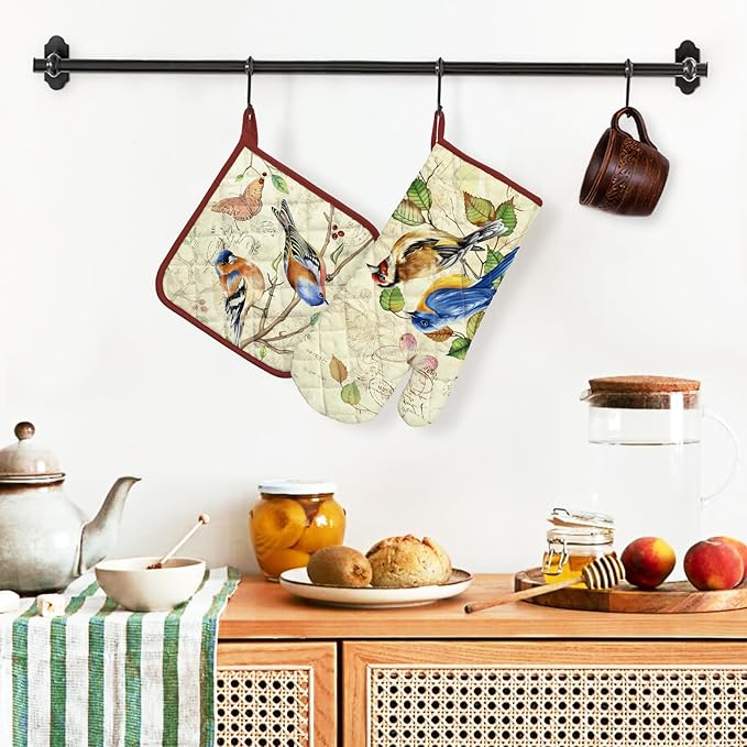 Vintage Bird Oven Mitts and Pot Holders Sets 2Pcs, 100% Cotton Heat Resistant - Image 5
