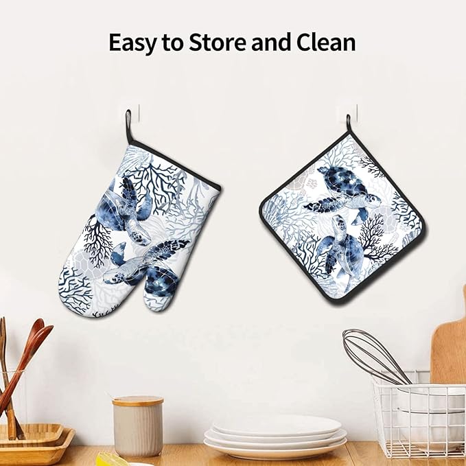 Coastal Oven Mitts and Pot Holders Sets of 2 Summer Kitchen Mitts Blue Sea - Image 6