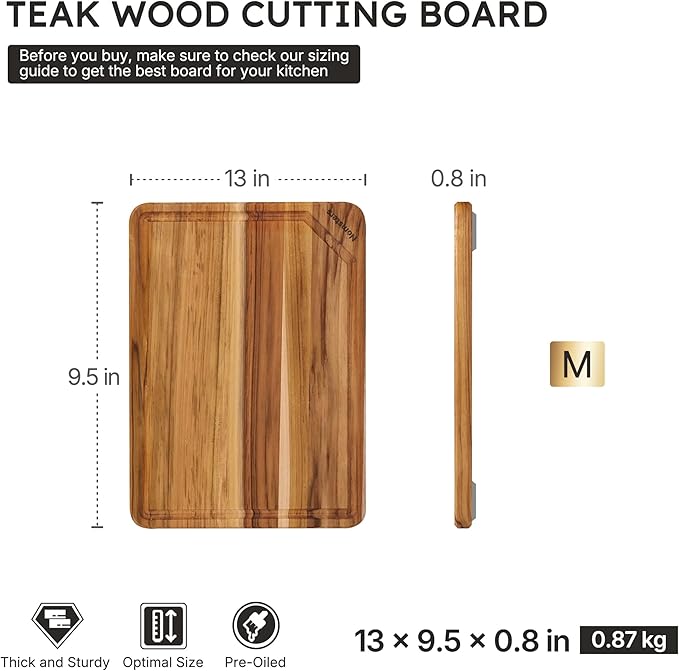 Teak Wood Cutting Board for Kitchen 13inch Charcuterie Board Serving Heavy Duty - Image 2