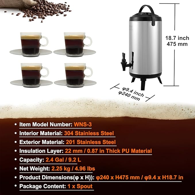 VEVOR Stainless Steel Insulated Beverage Dispenser, 2.4 Gallon 9.2 Liter - Image 7