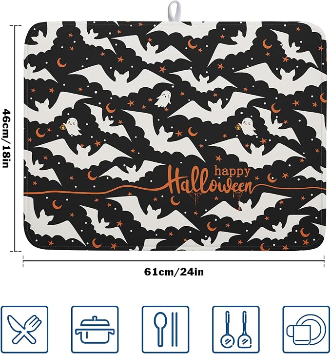 Halloween Drying Mats for Kitchen Counter 18”x24” Happy Halloween Spooky Bat - Image 2