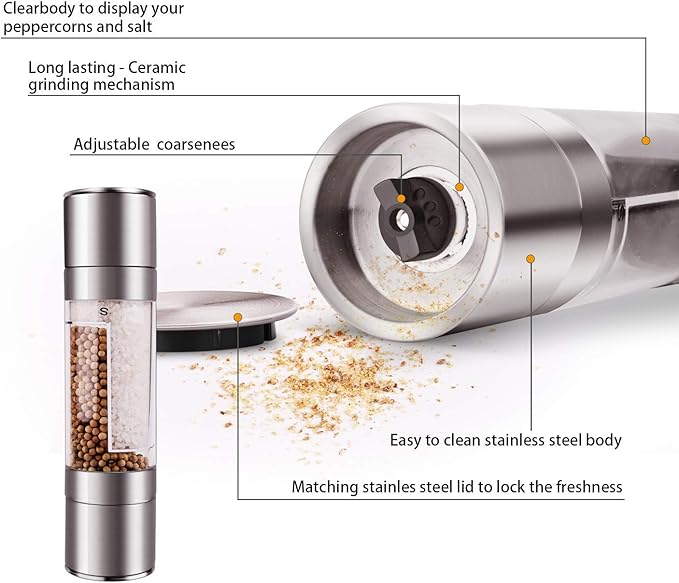 Mixoo Salt and Pepper Grinder - 2 in 1 Manual Stainless Steel Salt Pepper Mill - Image 2