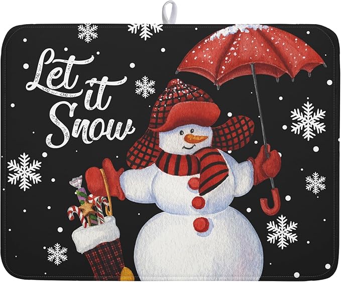 Black Snowman Dish Drying Mats for Kitchen Counter, Winter Snowflake Dish Mat by Kawani