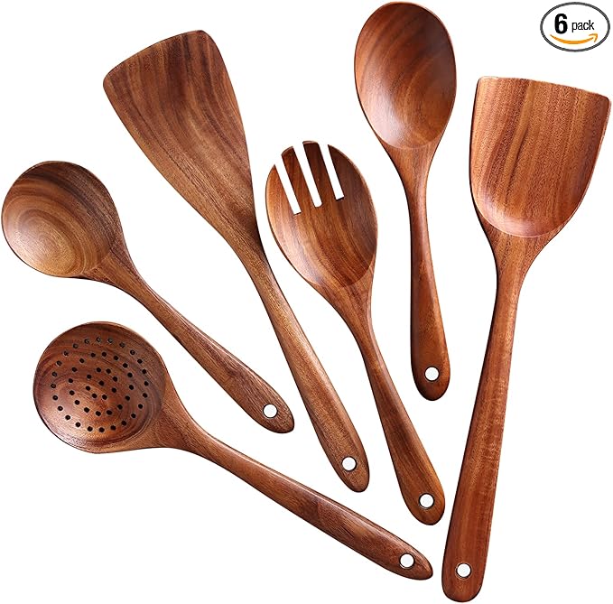 6Pcs Wooden Utensil Set, Natural Acacia Wooden Spoons by NAYAHOSE