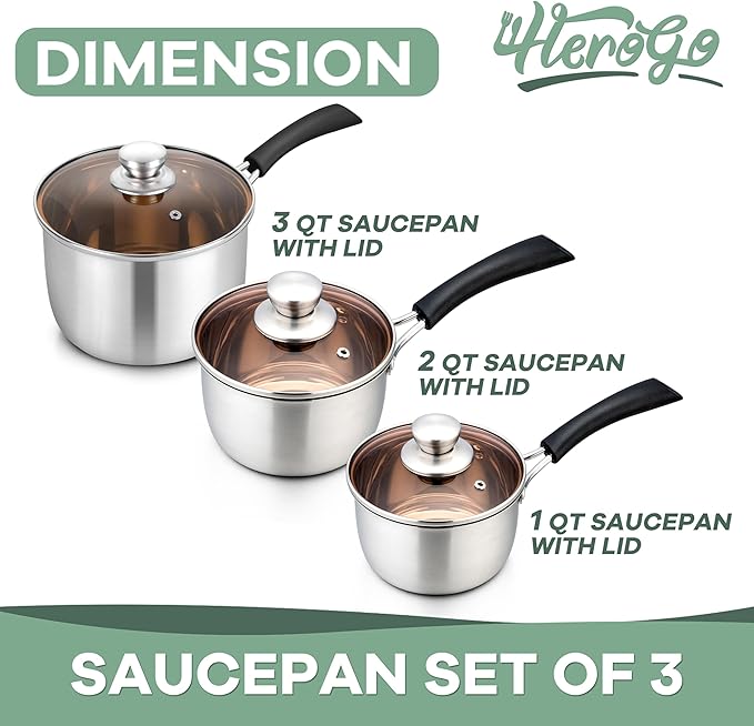 Herogo Saucepan Set with Lid, 1 Quart & 2 Quarts & 3 Quarts 18/10 Stainless - Image 2