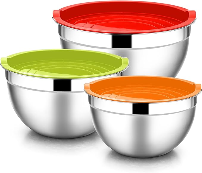 E-far Mixing Bowls with Lids, 6-Piece Stainless Steel Salad Bowls Metal Nesting by E-far