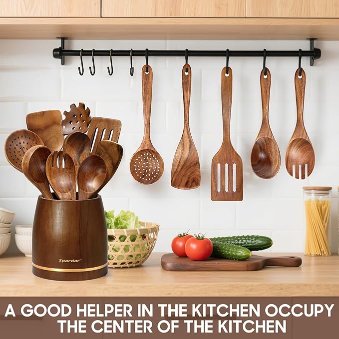 Spardar Wooden Spoons for Cooking, Spoon Rest, 4.2" Utensil Holder, and - Image 5