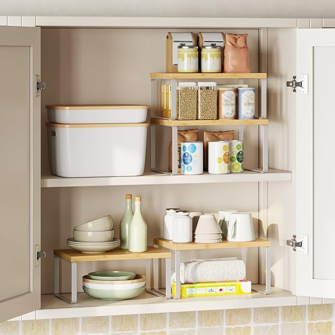 HOOBRO Cabinet Organizer Shelf, Expandable Kitchen Storage, Stackable Bamboo - Image 4