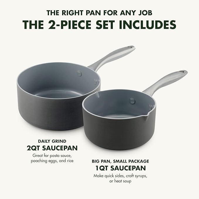 GreenPan Lima Hard Anodized Healthy Ceramic Nonstick 1QT and 2QT Saucepan Pot - Image 2