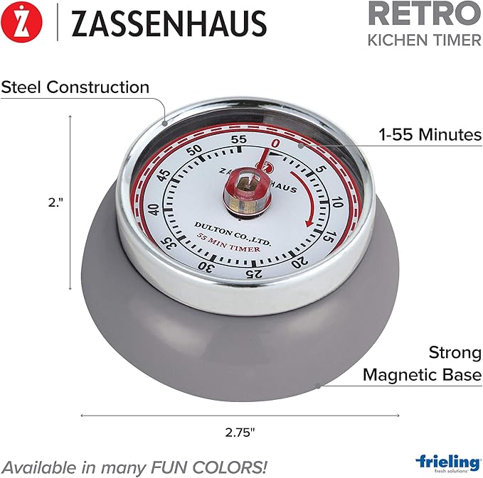 Zassenhaus Magnetic Retro 60 Minute Kitchen Timer, Cool Gray - Image 3